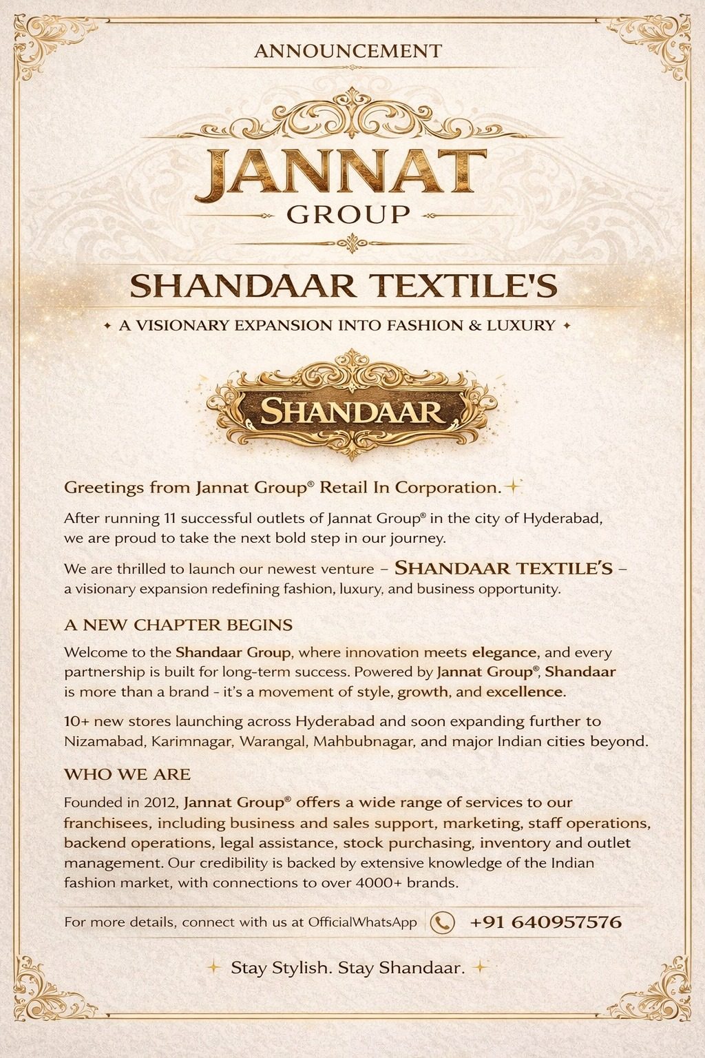 Jannat Group Shandaar Textile announcement